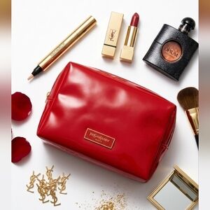 Yves Saint Laurent Red Cosmetic Bag Gold Zipper